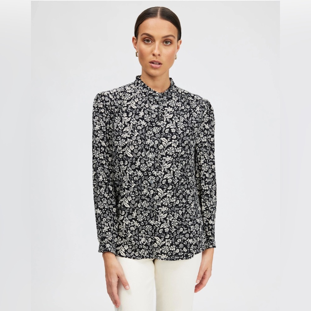 J. Crew Prairie Floral Drapey Button-Up Top Black Beige XS Chic Classic Work‎